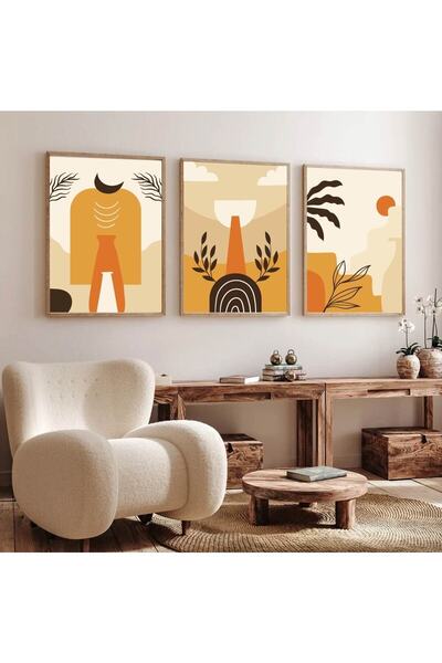 Dekorsiahome Set de pictură cu 3 piese cu ramă din lemn, model galben modern