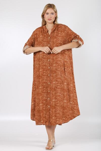 Chiccy Italian Brown Magnificent Collar 3/4 Sleeve Patterned Buttoned Pocket Woven Oversize Dress