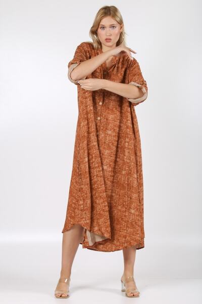 Chiccy Italian Brown Magnificent Collar 3/4 Sleeve Patterned Buttoned Pocket Woven Oversize Dress