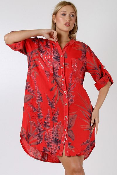 Chiccy Italian Coral Red Magnificent Collar 3/4 Sleeve Floral Double Pocket Sequined Woven Shirt Dress