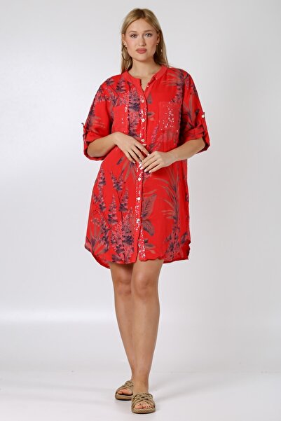 Chiccy Italian Coral Red Magnificent Collar 3/4 Sleeve Floral Double Pocket Sequined Woven Shirt Dress