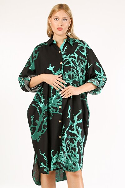 Chiccy Italian Black Shirt Collar 3/4 Sleeve Patterned Buttoned Pocket Woven Dress