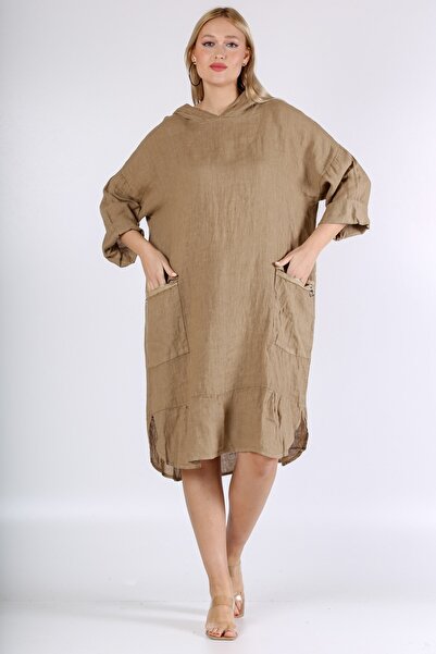 Chiccy Italian Mink 3/4 Sleeve Pocket Hooded Linen. Woven Dress