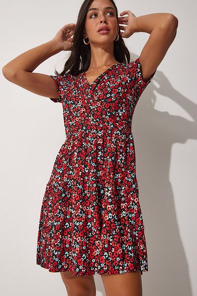 Happiness İstanbul Women's Red Patterned Wrap Collar Summer Knitted Dress MC00164