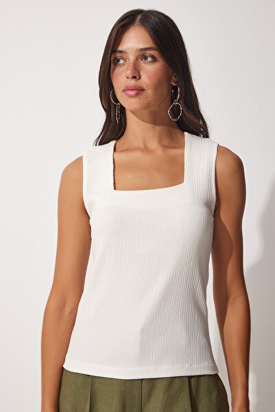 Happiness İstanbul Damska dzianinowa bluzka z białym kwadratowym kołnierzykiem DD01200