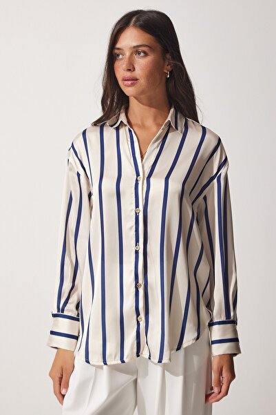 Happiness İstanbul Női krémszínű sötétkék csíkos, terített szatén ing MX00070