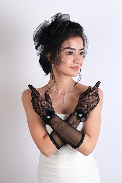 Es Pierre Feather Ribbon Detailed Bridal Gloves and Voilet Set