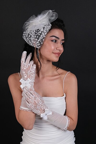 Es Pierre White Polka Dot Bridal Cap and Feather Ribbon Detailed Wedding Gloves