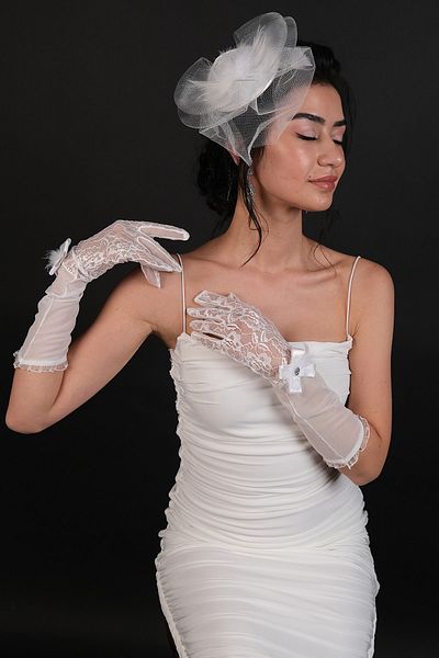 Hayalperest boncuk White Feather Ribbon Detailed Bridal Gloves and Wedding Voile