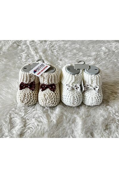 anne dokunuşu gibi KUZUM BEBE Light Brown and Cream Double Ribbon Knitwear Baby Boy Girl Booties
