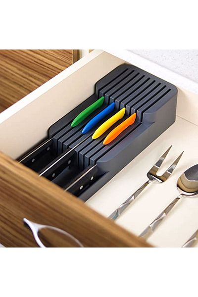 Decobella Practical 2-Row Knife Holder + 5-Compartment Drawer Spoon Holder 2-Piece Organizer Set