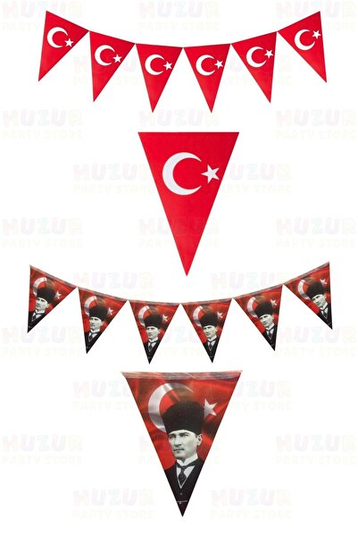 Huzur Party Store Türk Bayraklı Ve Atatürklü 2'li Flama Seti Üçgen Bayrak 180...