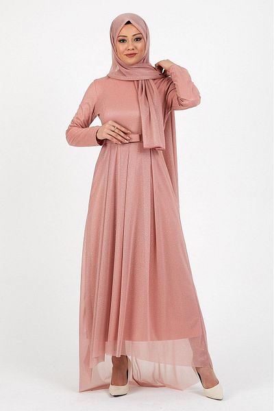 Modamihram Glitzerndes Plissee-Abendkleid Puder 12240