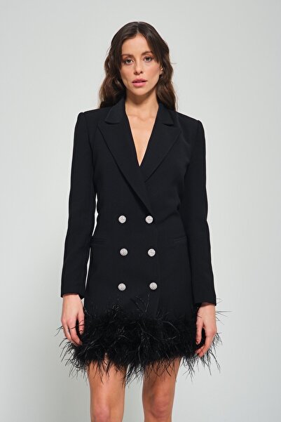 TARA COŞKUNTUNCEL Siyah Blazer Tüylü Kruvaze Taşlı Düğmeli Ceket Elbise