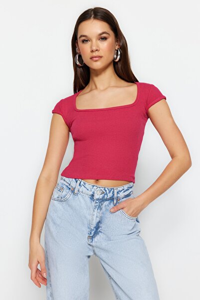 Trendyol Collection Fuchsia Square Neck Ribbed Fitted Low Sleeve Blouse TWOSS23BZ00950