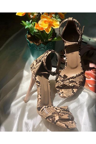 sweet girl Women's Tan Brown Snake Leather Single Strap Open Evening Dress Ankle Pointed High Heel Shoes