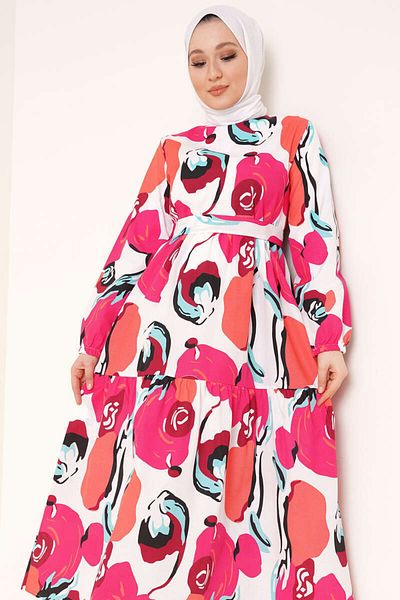 benguen 441 Patterned Hijab Dress Fuchsia
