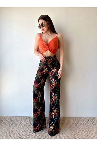 rengamoda High Waist Wide Leg - Cross Drawstring Women's Crop Pants Set, Orange Micro Fabric