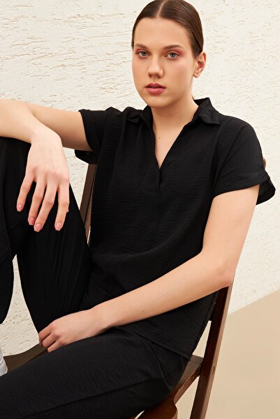 modavingo Γυναικεία μπλούζα με κοντό μανίκι με μαύρο γιακά Aerobin γιακά