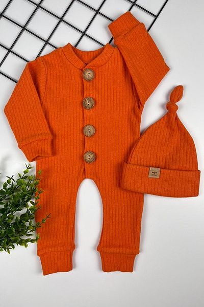 ADABEBEK 100% Cotton Wooden Buttoned Ribbed Style Hat Baby Romper