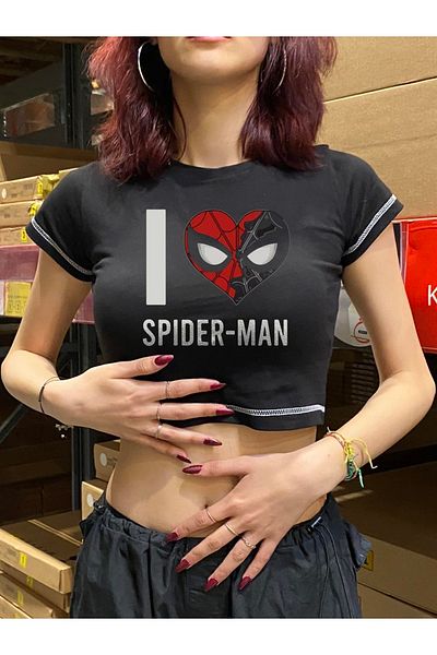 Touz Spider-man Printed Black Crop - Reverse Stitch