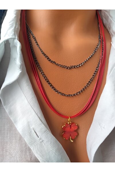 ZeynDesign Kadın Çoklu Kırmızı Deri Sedef Yonca Kolye