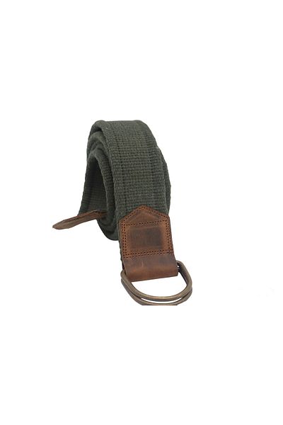 Anatolia Unisex Tan Leather Detailed D Ring Khaki Green Antique Buckle Woven Tactical Jeans Sport Canvas Cloth Belt