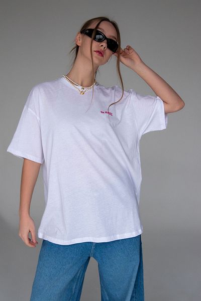 Bases Tricou supradimensionat cu decolteu rotund cu imprimeu alb roz