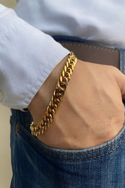 axexuar سلسلة موديل 316l سوار رجالي ستانلس ستيل ذهبي أصفر اللون 21 سم 10 ملم