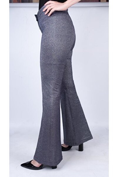 Modoo Tekstil Siyah Simli Ispanyol Paça Pantolon, Içi Astarlı