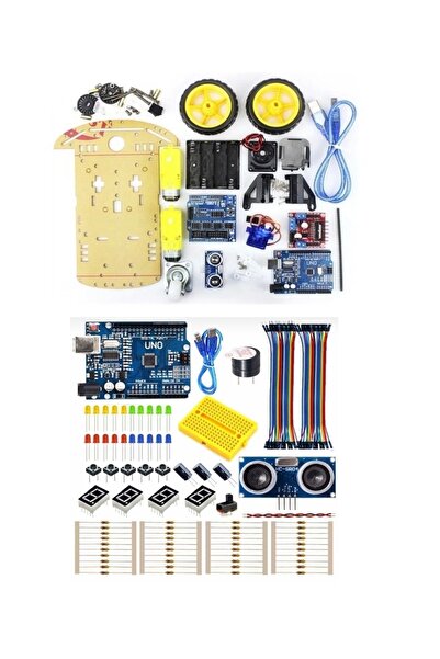 makerobotik Arduino Uno Başlangıç Seti 100 Parça Ve 2wd Engelden Kaçan Robot Araba 2 Set Bir Arada