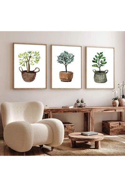 Dekorsiahome Set de picturi decorative minimaliste din 3 piese cu rame din lemn, plantă în ghiveci