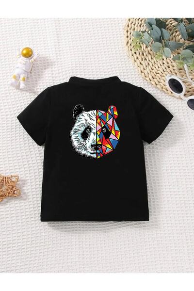 GRİLAND Children's Black Panda Front and Back Printed Oversize T-shirt