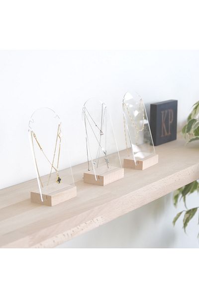 Kpleksi Yona Plexiglass Set of 3 Necklace Hangers - Oval Form, Acrylic and Wood Stand, Acrylic Jewelry Organizer