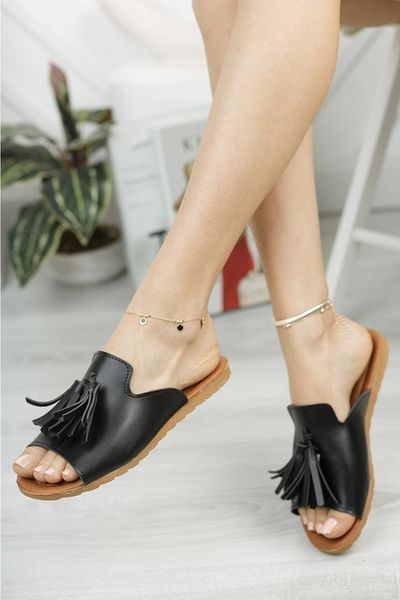 Moda Frato Γυναικείες παντόφλες Wzy Black Tasseled - Για εξωτερική και οικιακή χρήση