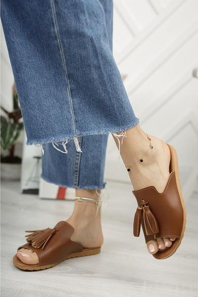 Moda Frato Дамски чехли с пискюли Wzy, кафяви, за дома и открито