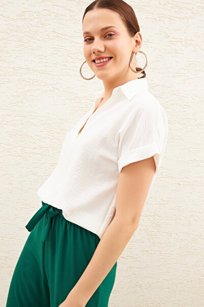 modavingo Women's Ecru Short Sleeve Aerobin Fabric Collared Blouse