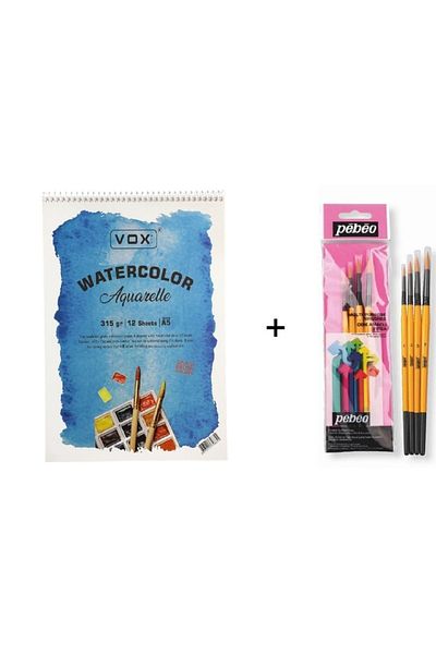 Pebeo Set pensule acuarela: 1 - 4 buc si Vox Notebook A5 315gr