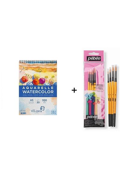 Pebeo Set pensule acuarelă: 2 - 4 bucăți și caiet Van Dyck A5 300gr