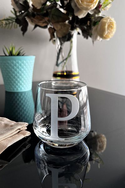 DECOSTYLE P Letter Laser Cut Non-Removable Glass Cup-Candle Holder-Pen Holder-Suitable for Use as a Mini Vase 1 Pc