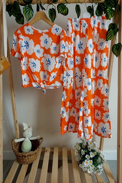 DFN Girl's Front Tie Blouse and Flared Trousers Set