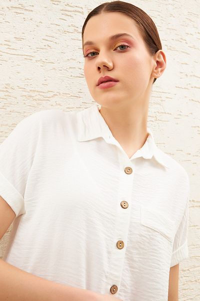 modavingo Women's Ecru Short Sleeve Aerobin Fabric Buttoned Shirt