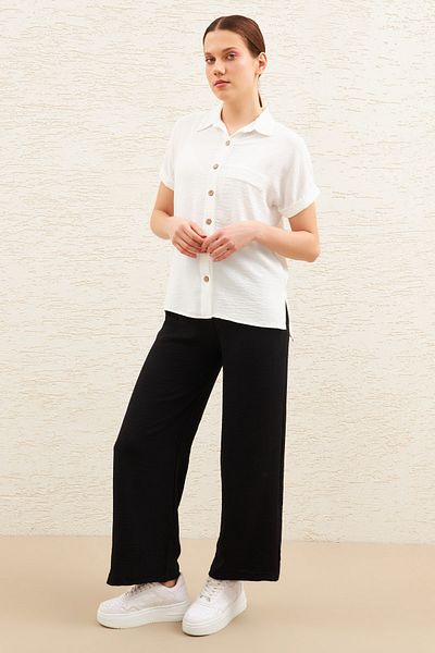 modavingo Women's Ecru Short Sleeve Aerobin Fabric Buttoned Shirt