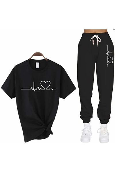 BE QUEEN Ειδικής παραγωγής White Heartbeat Printed κοντομάνικο σετ καλοκαιρινής γυναικείας φόρμας