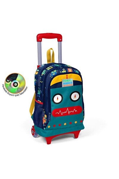 Coral High Kids Lacivert Civit Robot Desenli Üç Bölmeli Işıklı Tekerlekli Çek...