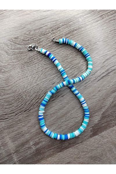 Stoneday Blue and White Colored Silver Detailed Fimo Bead Necklace