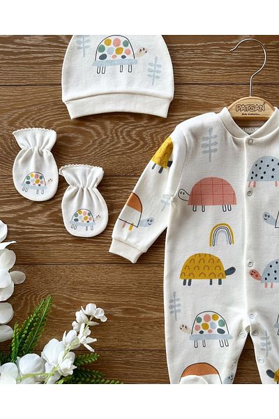 PATSAN 3-Piece Newborn Hospital Release Set, Gloves, Hat, Booties, Baby Rompers Set, Colorful Turtles