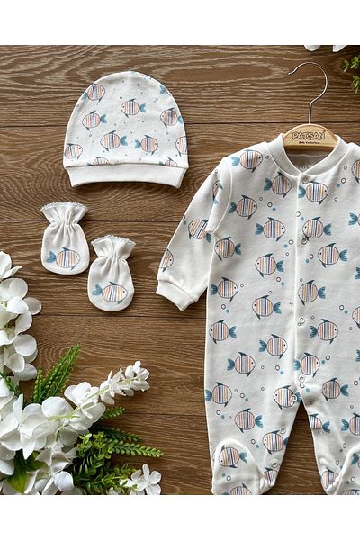 PATSAN Organic Cotton 3-Piece Newborn Set with Gloves and Hat and Booties Baby Rompers Set Fish