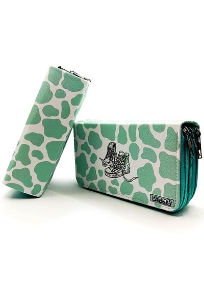 Limmy Μολυβοθήκη Cow Pattern Kawai Organizer Θήκη στυλό Vegan Δερμάτινη θήκη για στυλό τριών θέσεων - Πράσινη