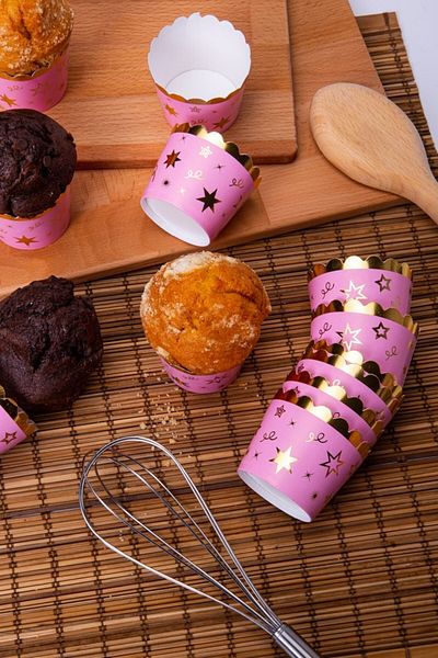 Parti Furyası Gold Gold Gilded Pink 12-Piece Cake Mold Star Confetti Detailed Non-Baking 6.5x5 Cm Muffin